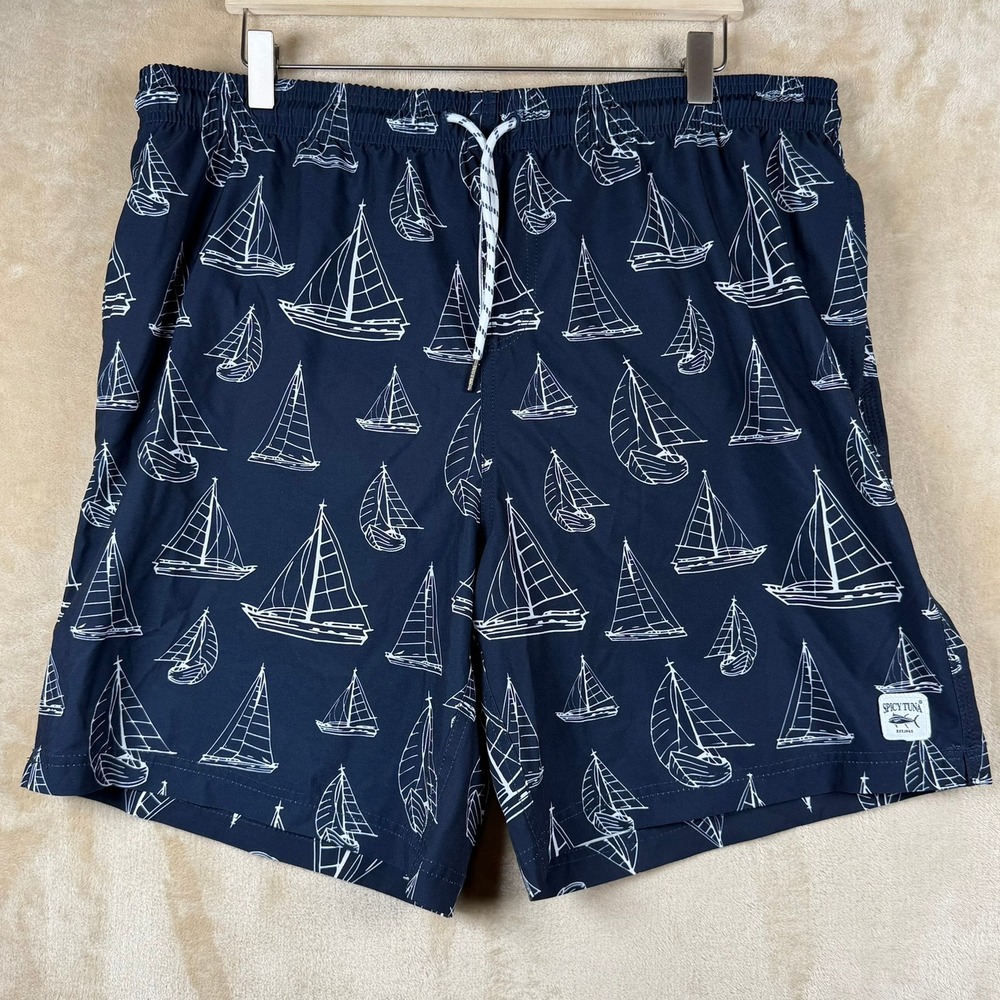 Spicy Tuna Mens 2XL Navy Blue Sailboat Print Swim Trunks Mesh Lined Nautical‎